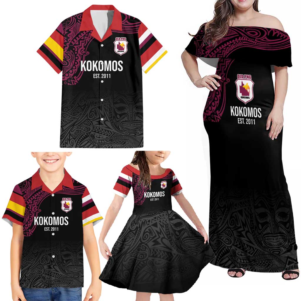 Queensland Papua New Guinea Custom Family Matching Off Shoulder Maxi Dress and Hawaiian Shirt All Black Pacific PNG Tribal Style LT9 - Polynesian Pride