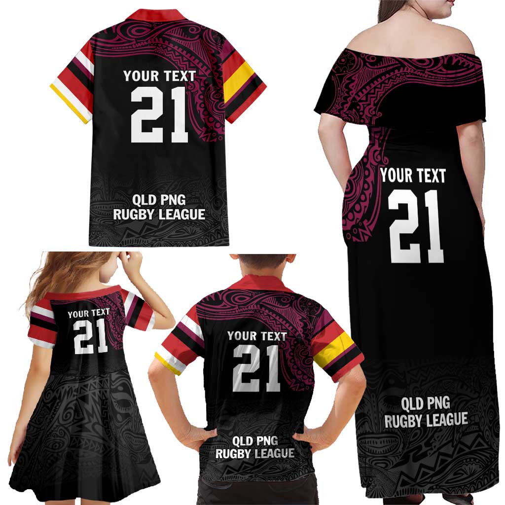 Queensland Papua New Guinea Custom Family Matching Off Shoulder Maxi Dress and Hawaiian Shirt All Black Pacific PNG Tribal Style LT9 - Polynesian Pride