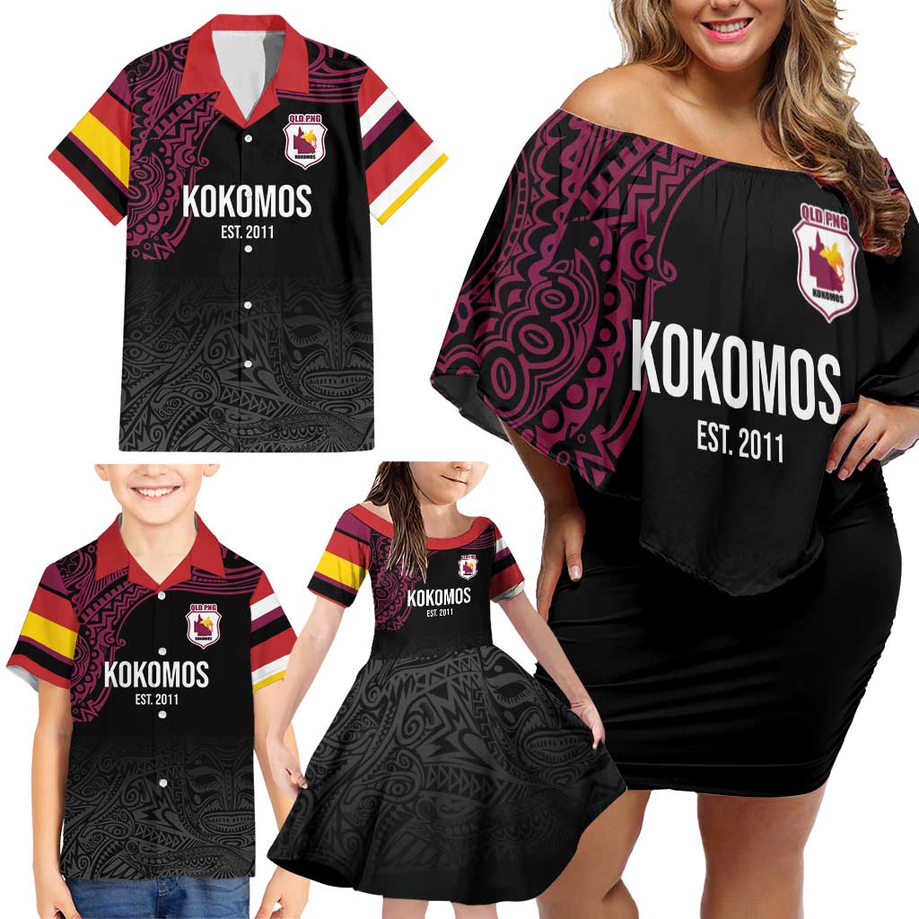 Queensland Papua New Guinea Custom Family Matching Off Shoulder Short Dress and Hawaiian Shirt All Black Pacific PNG Tribal Style LT9 - Polynesian Pride