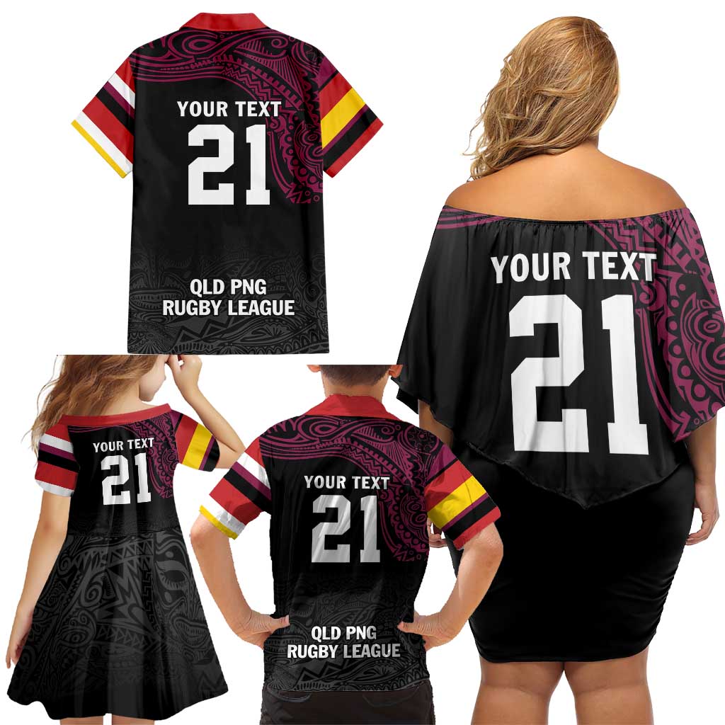 Queensland Papua New Guinea Custom Family Matching Off Shoulder Short Dress and Hawaiian Shirt All Black Pacific PNG Tribal Style LT9 - Polynesian Pride
