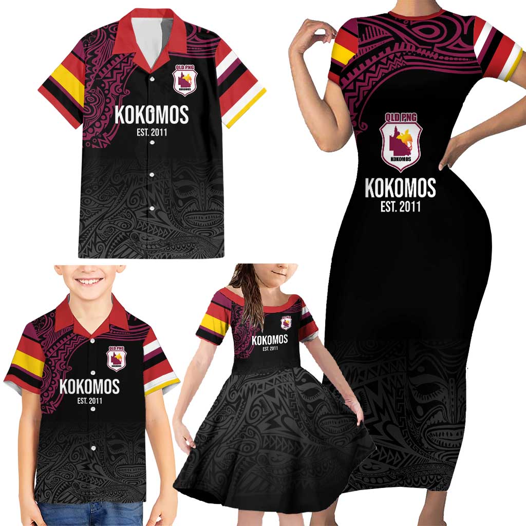 Queensland Papua New Guinea Custom Family Matching Short Sleeve Bodycon Dress and Hawaiian Shirt All Black Pacific PNG Tribal Style