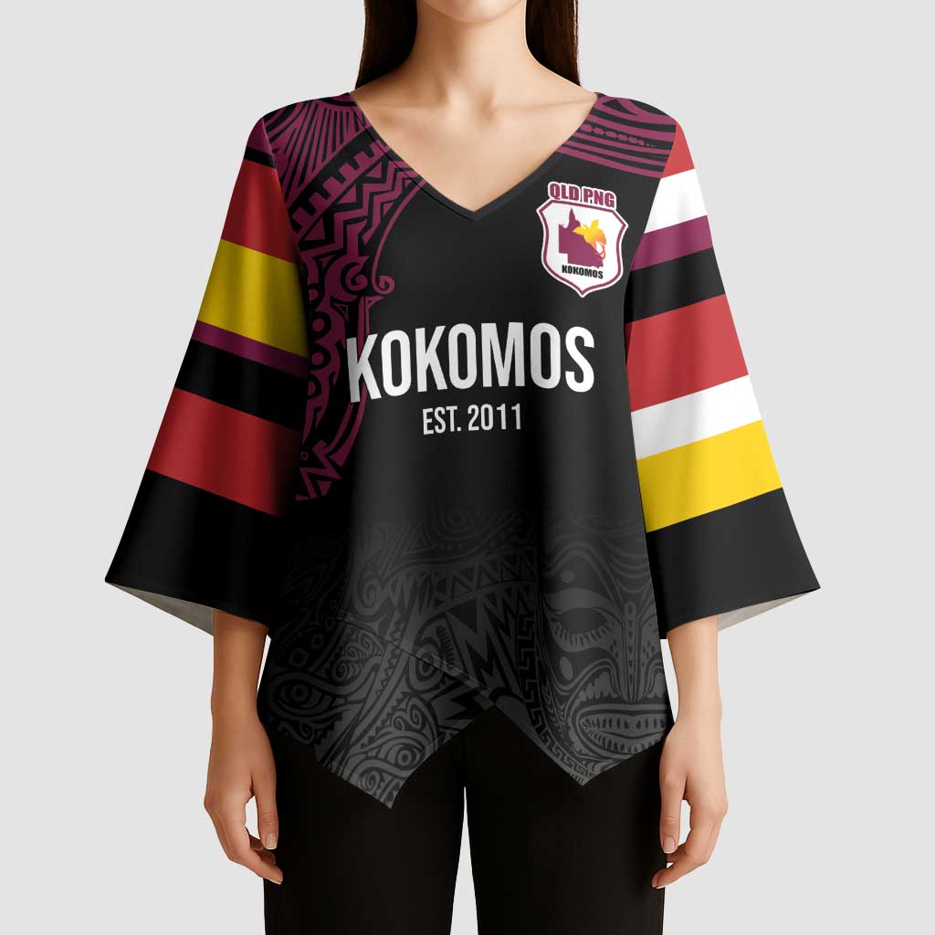 Queensland Papua New Guinea Custom Kimono Sleeve Blouse All Black Pacific PNG Tribal Style - Polynesian Pride