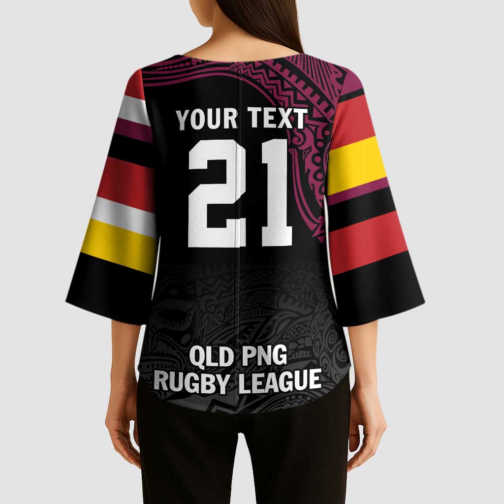 Queensland Papua New Guinea Custom Kimono Sleeve Blouse All Black Pacific PNG Tribal Style - Polynesian Pride