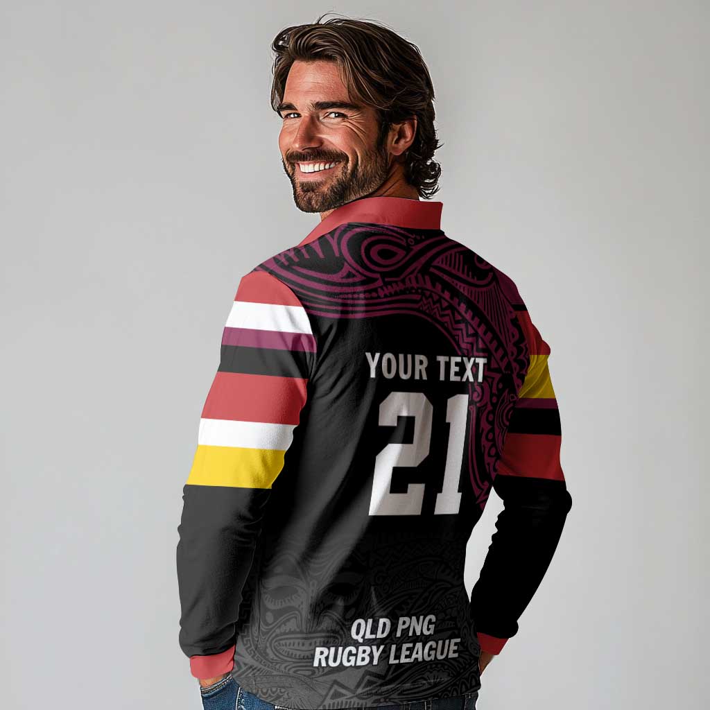 Queensland Papua New Guinea Custom Long Sleeve Polo Shirt All Black Pacific PNG Tribal Style