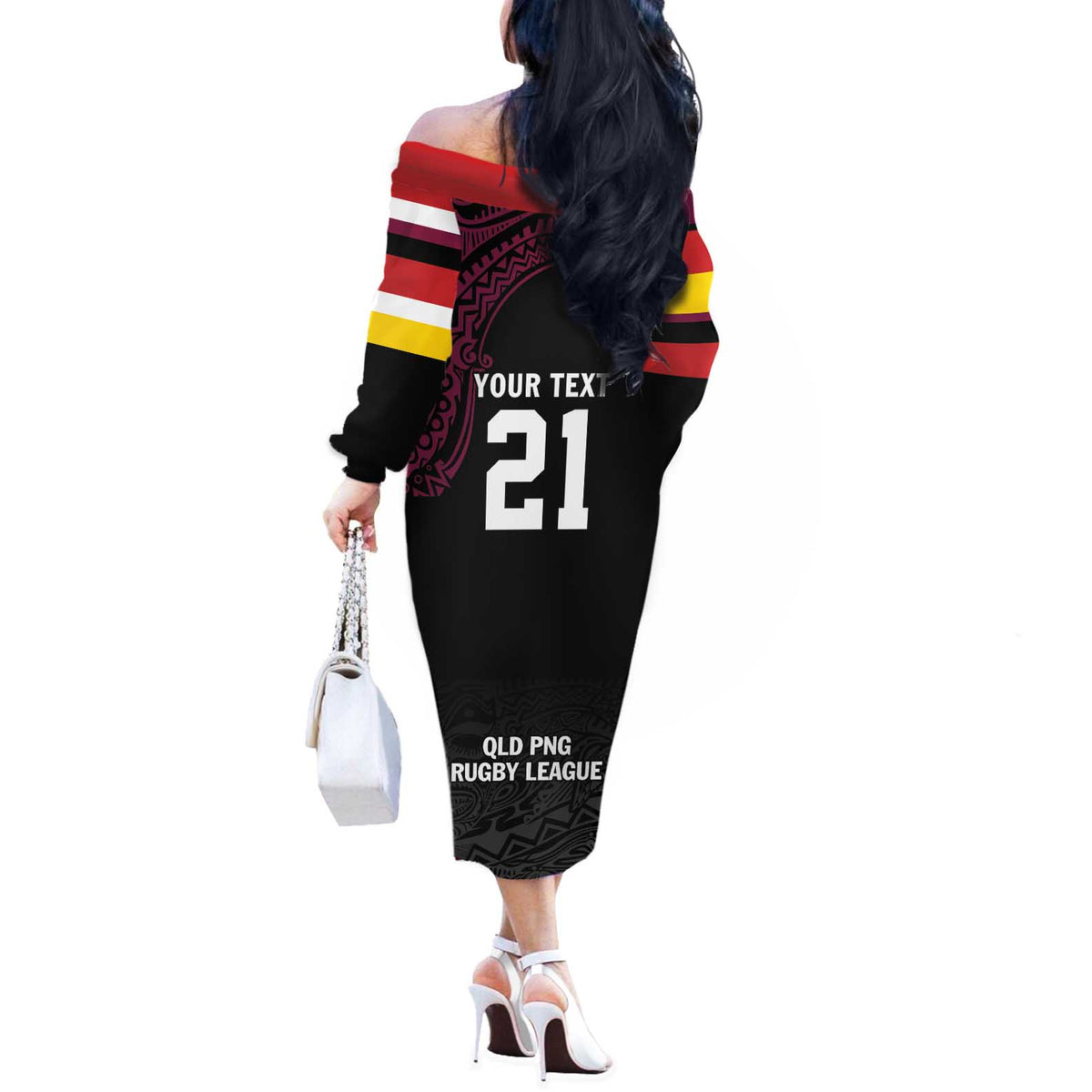 Queensland Papua New Guinea Custom Off The Shoulder Long Sleeve Dress All Black Pacific PNG Tribal Style