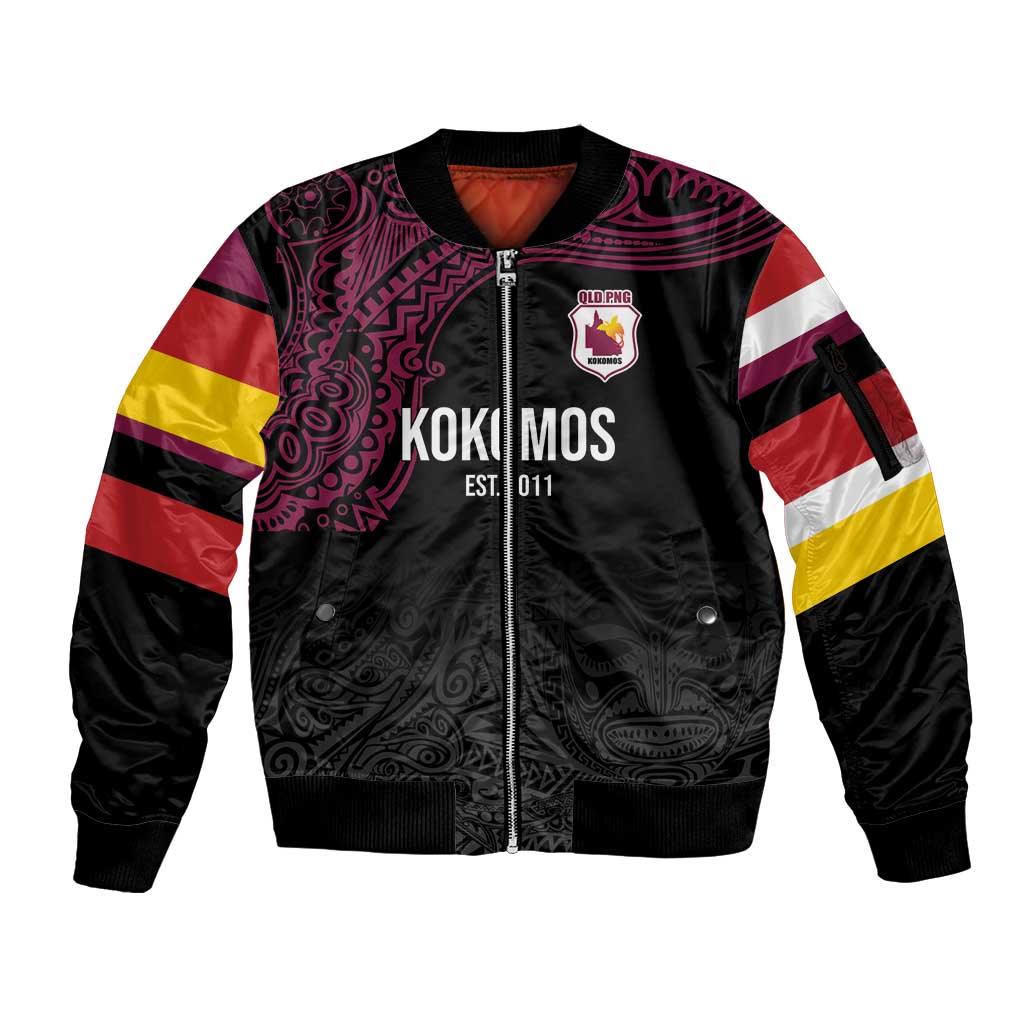 Queensland Papua New Guinea Custom Sleeve Zip Bomber Jacket All Black Pacific PNG Tribal Style
