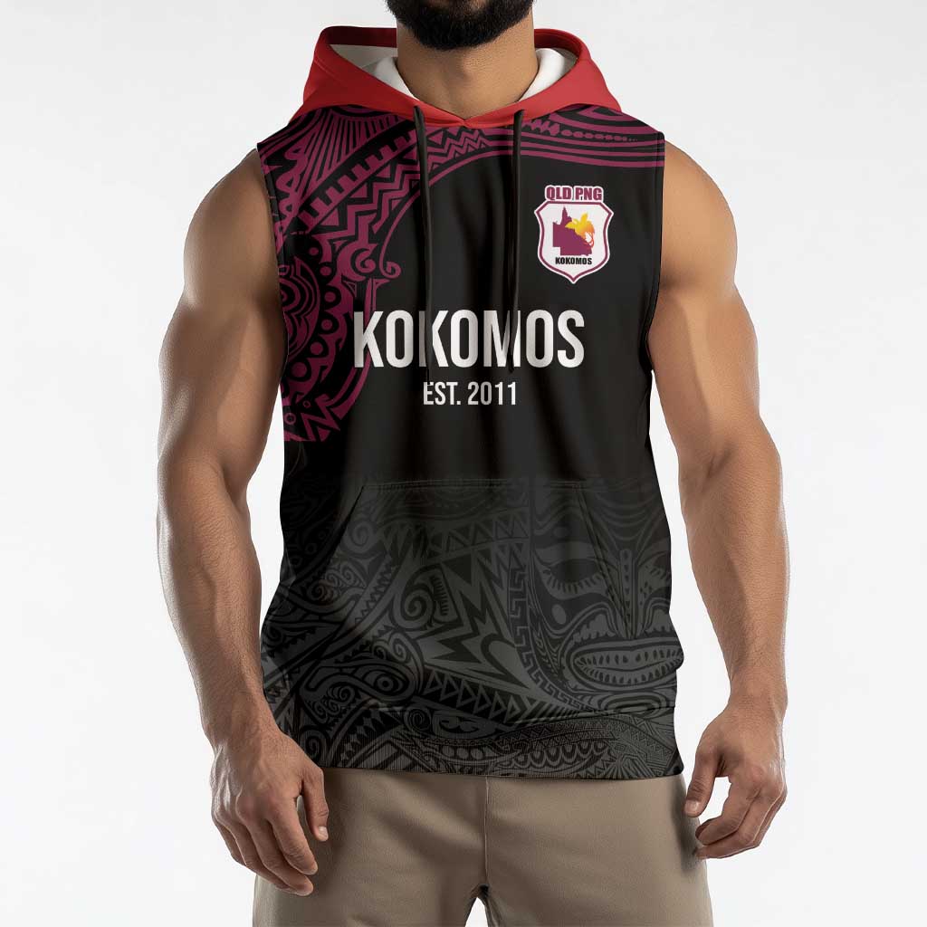 Queensland Papua New Guinea Custom Sleeveless Hoodie All Black Pacific PNG Tribal Style - Polynesian Pride