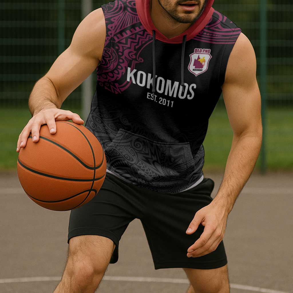 Queensland Papua New Guinea Custom Sleeveless Hoodie All Black Pacific PNG Tribal Style - Polynesian Pride