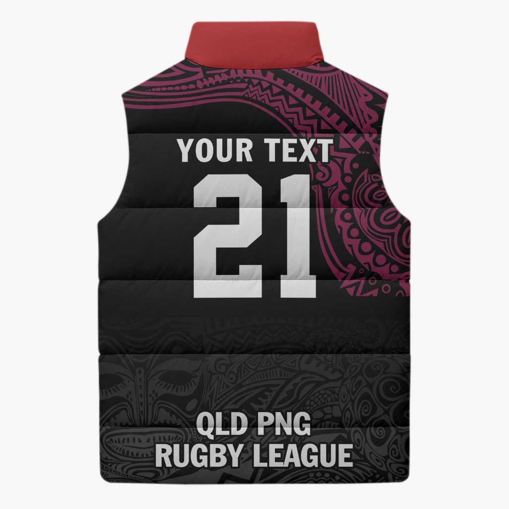 Queensland Papua New Guinea Custom Sleeveless Puffer Jacket All Black Pacific PNG Tribal Style - Polynesian Pride
