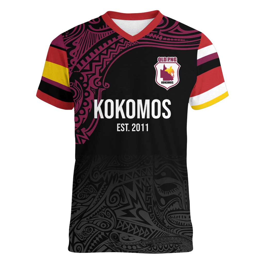Queensland Papua New Guinea Custom Women V-Neck T-Shirt All Black Pacific PNG Tribal Style