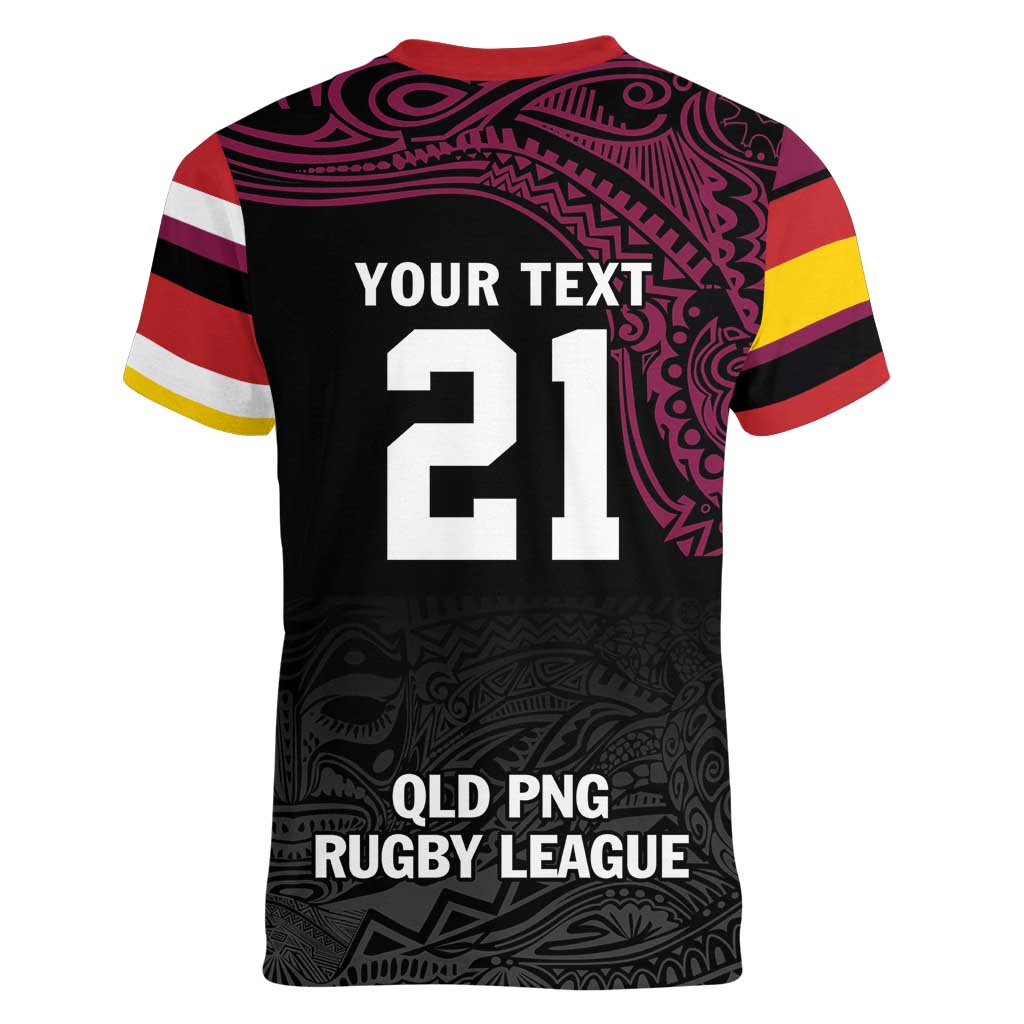 Queensland Papua New Guinea Custom Women V-Neck T-Shirt All Black Pacific PNG Tribal Style