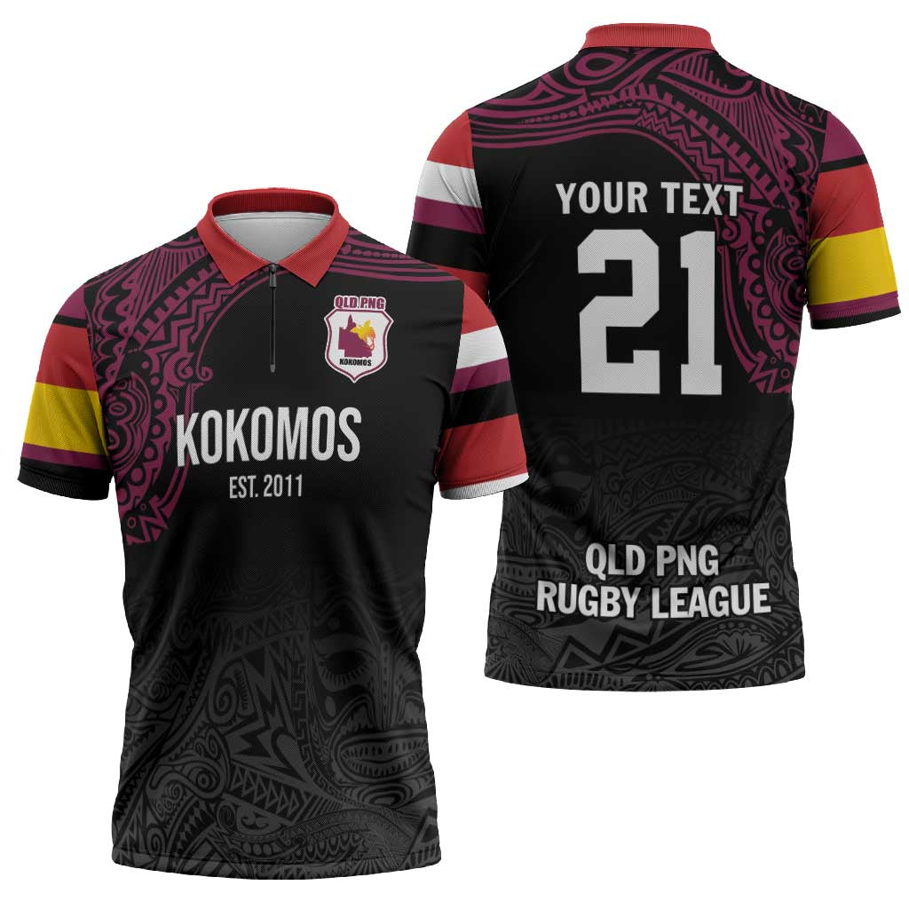 Queensland Papua New Guinea Custom Zipper Polo Shirt All Black Pacific PNG Tribal Style - Polynesian Pride