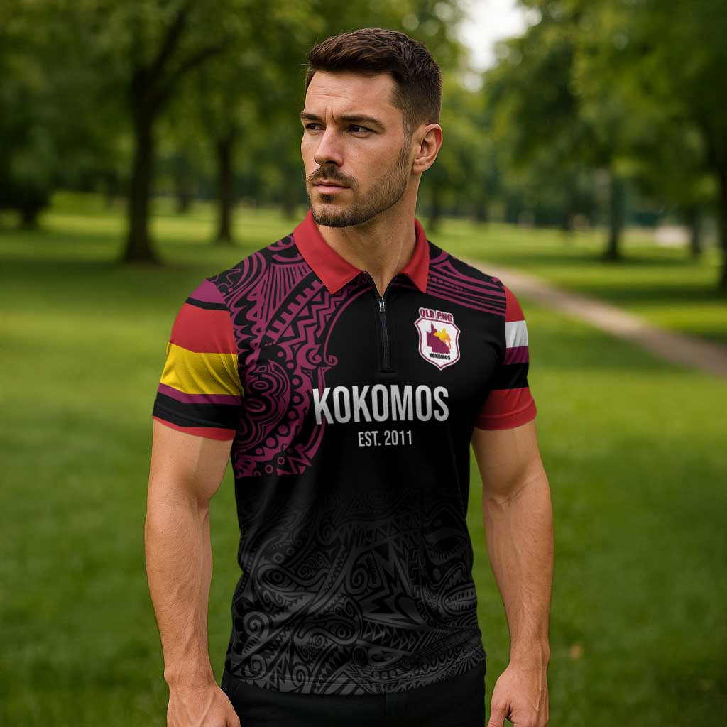 Queensland Papua New Guinea Custom Zipper Polo Shirt All Black Pacific PNG Tribal Style - Polynesian Pride