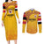 Queensland Papua New Guinea Custom Couples Matching Long Sleeve Bodycon Dress and Long Sleeve Button Shirt All Gold Pacific PNG Tribal Style