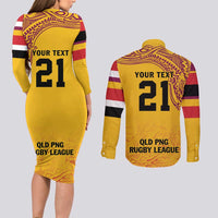 Queensland Papua New Guinea Custom Couples Matching Long Sleeve Bodycon Dress and Long Sleeve Button Shirt All Gold Pacific PNG Tribal Style