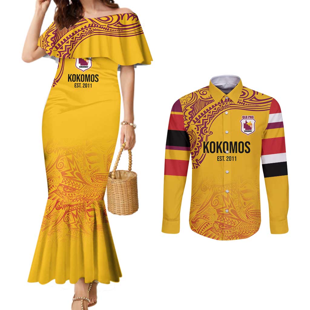 Queensland Papua New Guinea Custom Couples Matching Mermaid Dress and Long Sleeve Button Shirt All Gold Pacific PNG Tribal Style