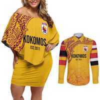 Queensland Papua New Guinea Custom Couples Matching Off Shoulder Short Dress and Long Sleeve Button Shirt All Gold Pacific PNG Tribal Style