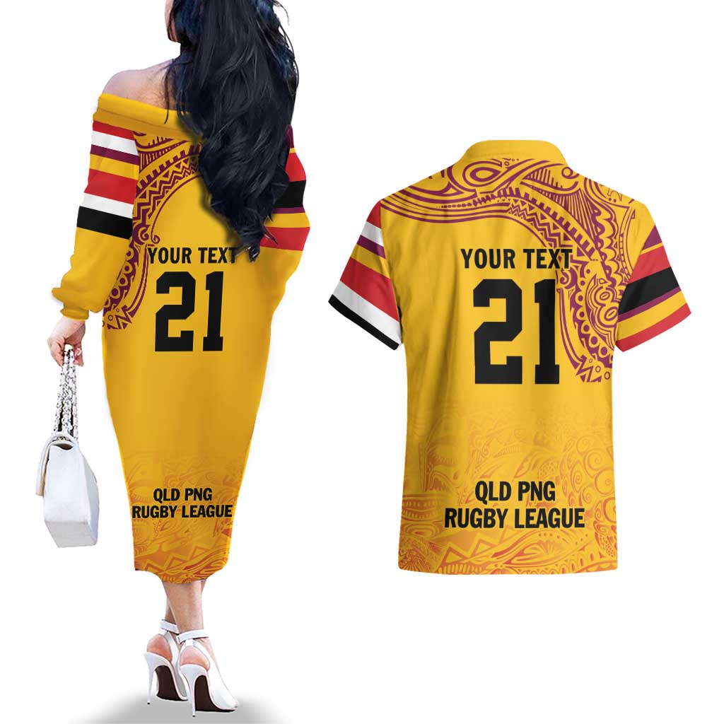 Queensland Papua New Guinea Custom Couples Matching Off The Shoulder Long Sleeve Dress and Hawaiian Shirt All Gold Pacific PNG Tribal Style