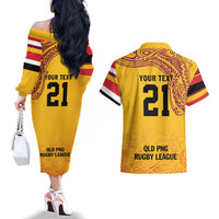 Queensland Papua New Guinea Custom Couples Matching Off The Shoulder Long Sleeve Dress and Hawaiian Shirt All Gold Pacific PNG Tribal Style