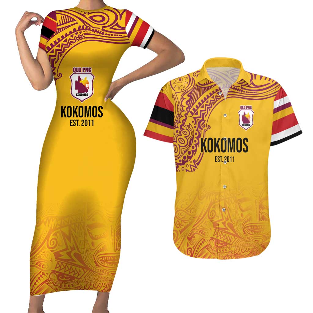 Queensland Papua New Guinea Custom Couples Matching Short Sleeve Bodycon Dress and Hawaiian Shirt All Gold Pacific PNG Tribal Style