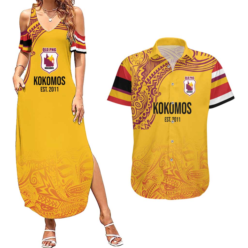 Queensland Papua New Guinea Custom Couples Matching Summer Maxi Dress and Hawaiian Shirt All Gold Pacific PNG Tribal Style