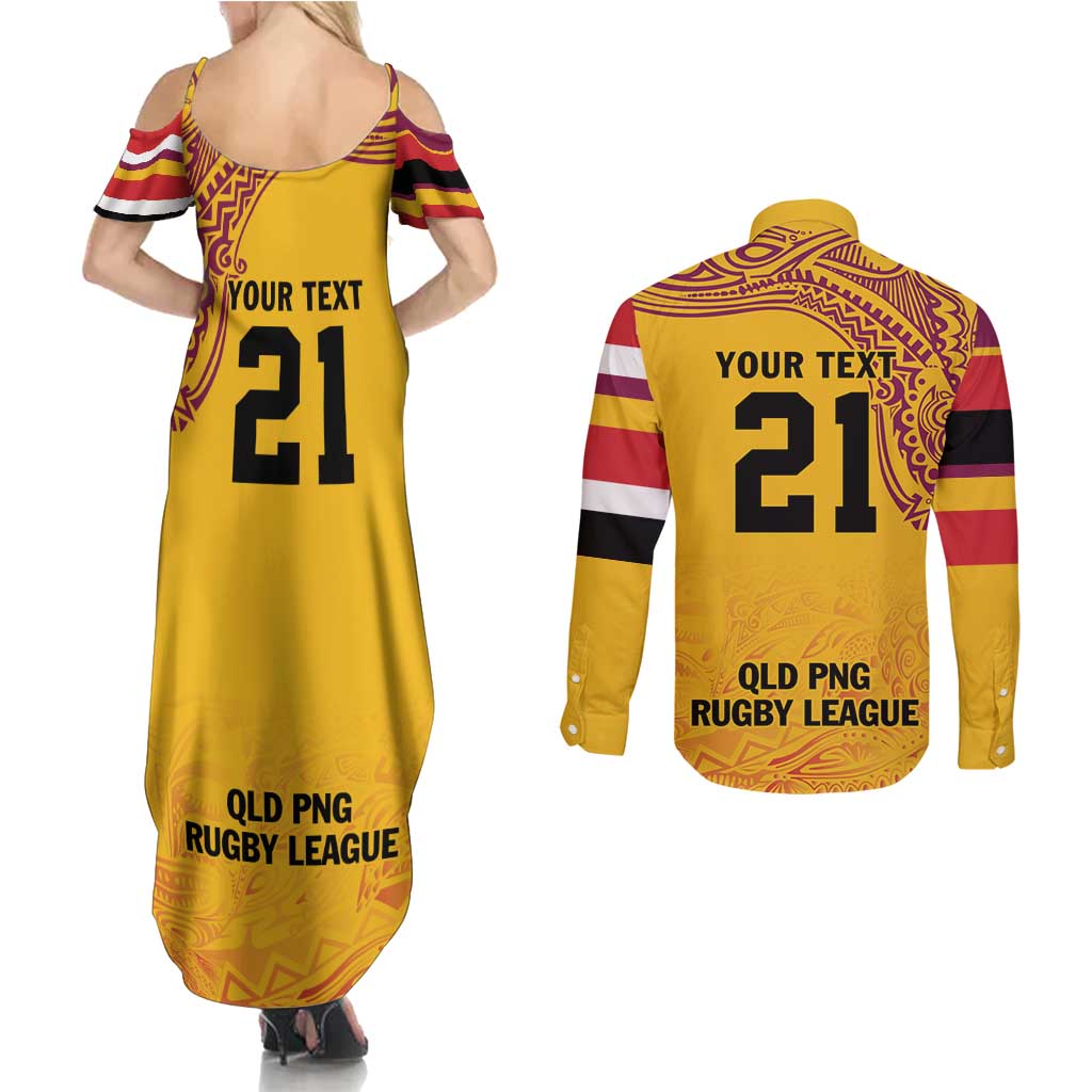 Queensland Papua New Guinea Custom Couples Matching Summer Maxi Dress and Long Sleeve Button Shirt All Gold Pacific PNG Tribal Style