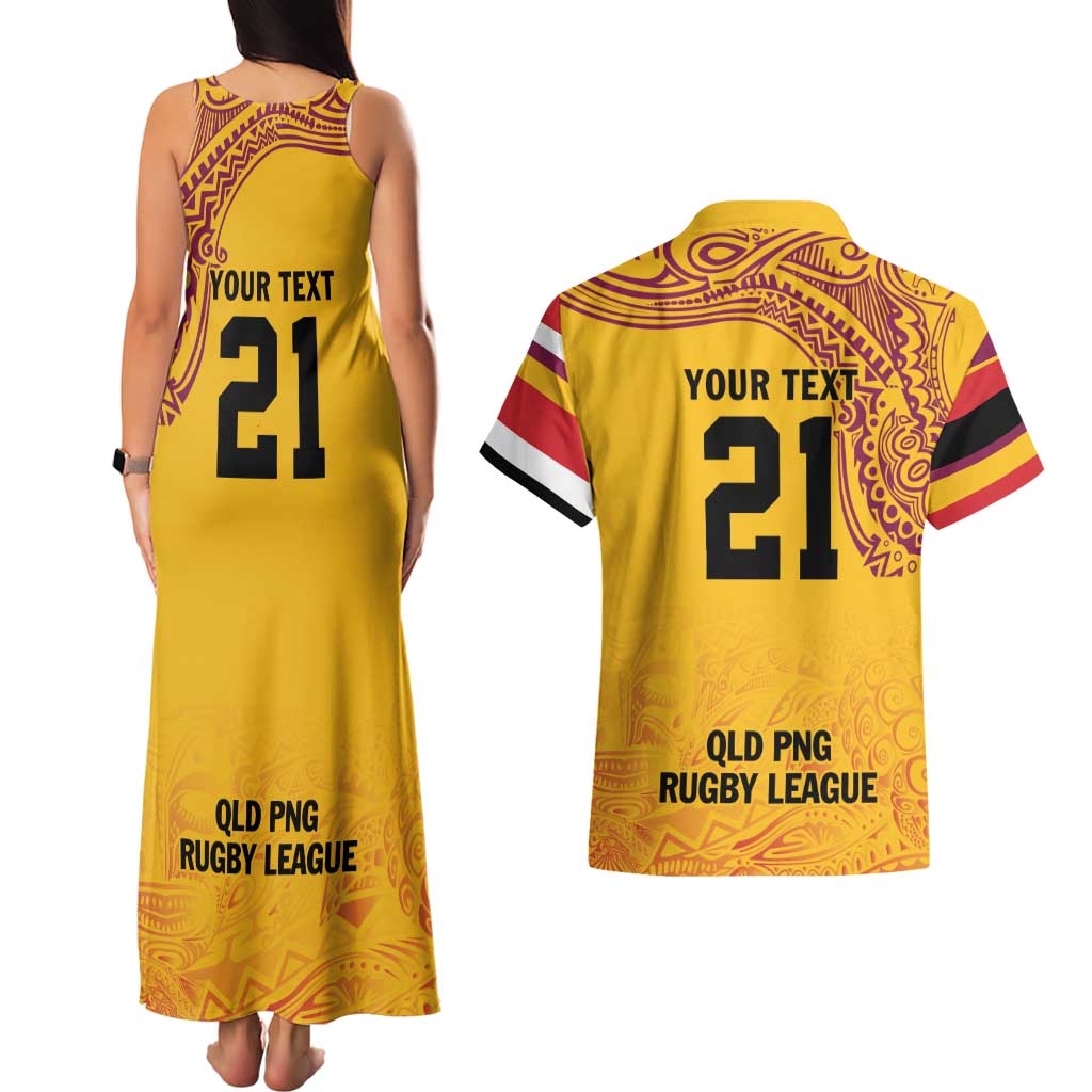 Queensland Papua New Guinea Custom Couples Matching Tank Maxi Dress and Hawaiian Shirt All Gold Pacific PNG Tribal Style