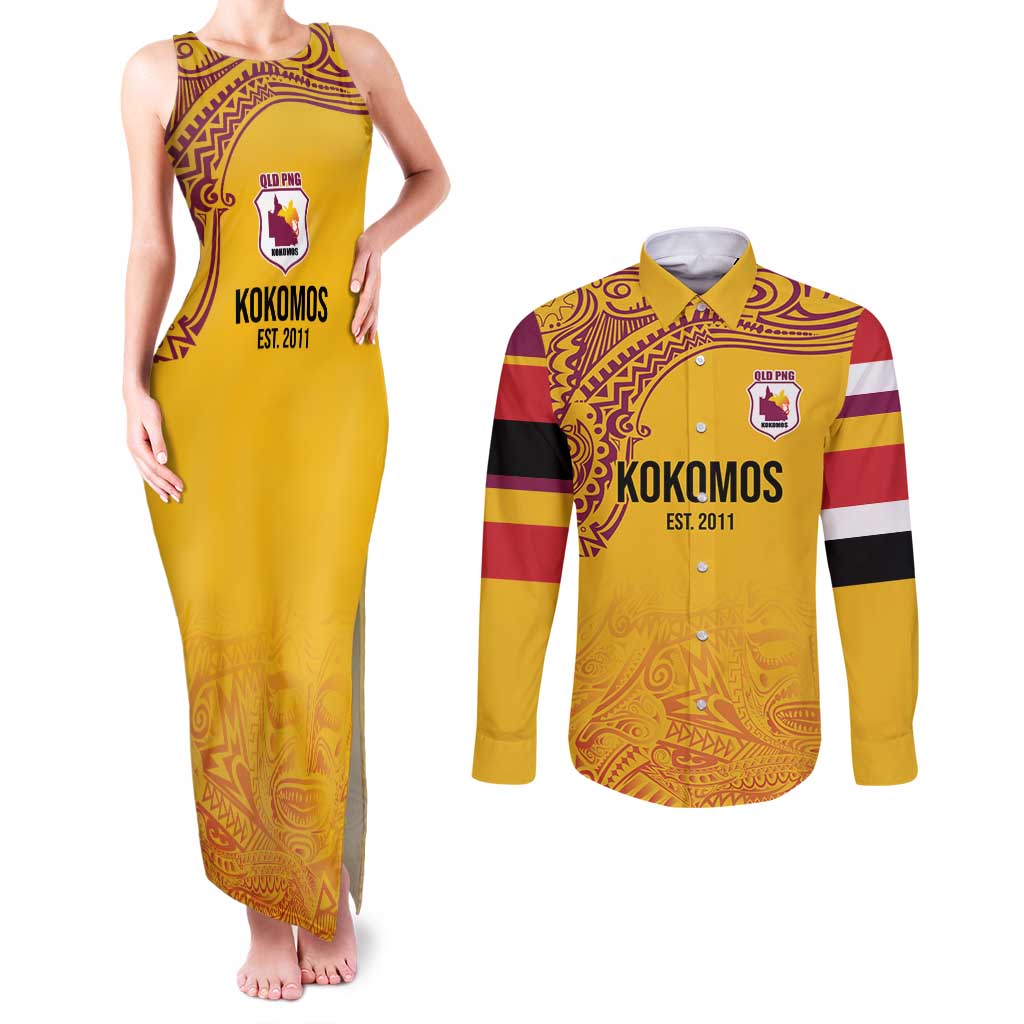 Queensland Papua New Guinea Custom Couples Matching Tank Maxi Dress and Long Sleeve Button Shirt All Gold Pacific PNG Tribal Style