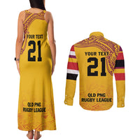 Queensland Papua New Guinea Custom Couples Matching Tank Maxi Dress and Long Sleeve Button Shirt All Gold Pacific PNG Tribal Style