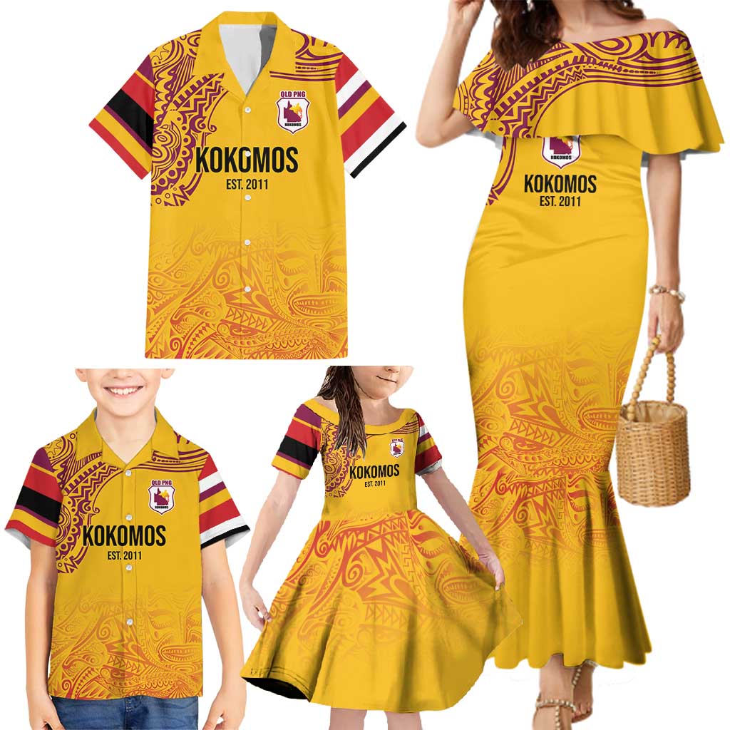 Queensland Papua New Guinea Custom Family Matching Mermaid Dress and Hawaiian Shirt All Gold Pacific PNG Tribal Style