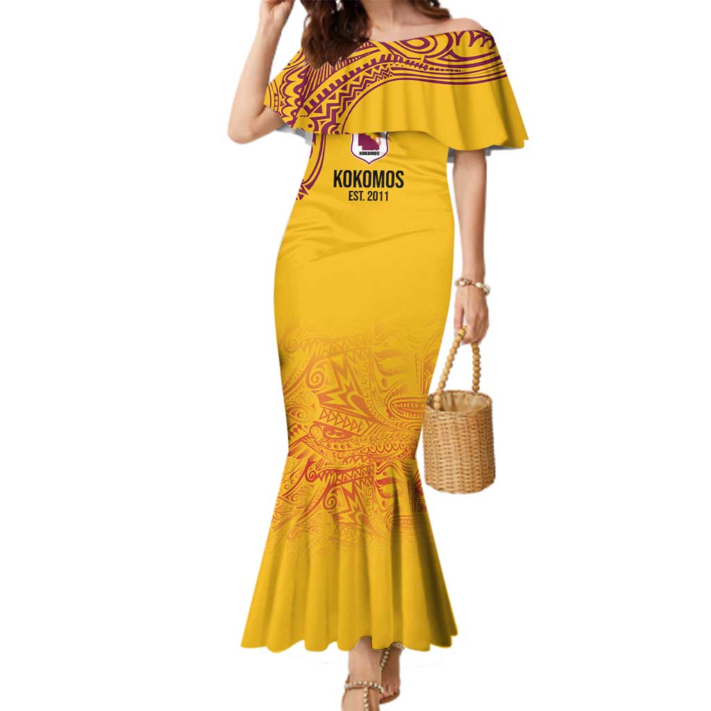 Queensland Papua New Guinea Custom Family Matching Mermaid Dress and Hawaiian Shirt All Gold Pacific PNG Tribal Style