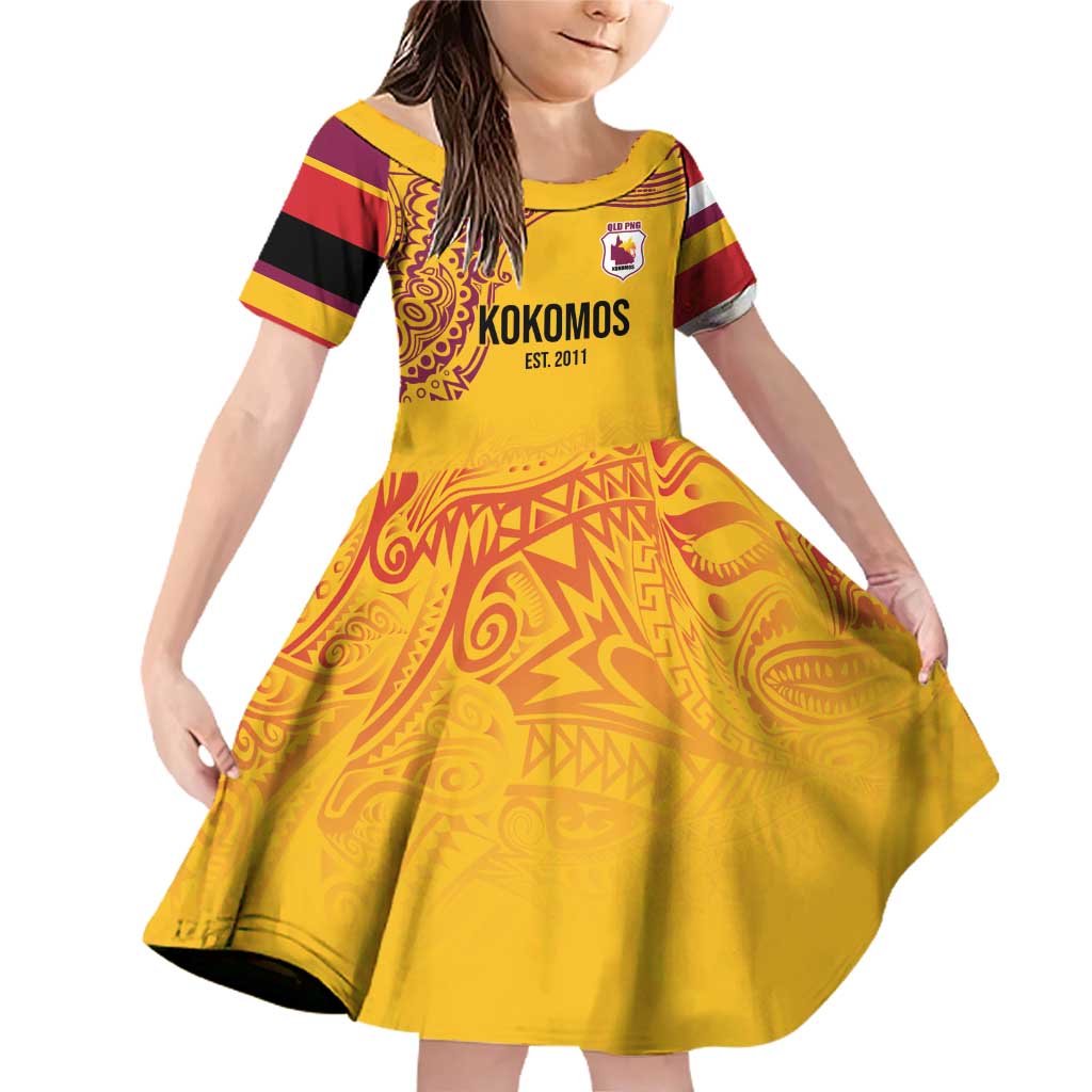 Queensland Papua New Guinea Custom Family Matching Off Shoulder Short Dress and Hawaiian Shirt All Gold Pacific PNG Tribal Style LT9 Daughter's Dress Gold - Polynesian Pride