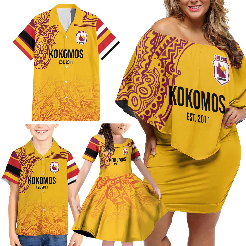 Queensland Papua New Guinea Custom Family Matching Off Shoulder Short Dress and Hawaiian Shirt All Gold Pacific PNG Tribal Style LT9 - Polynesian Pride