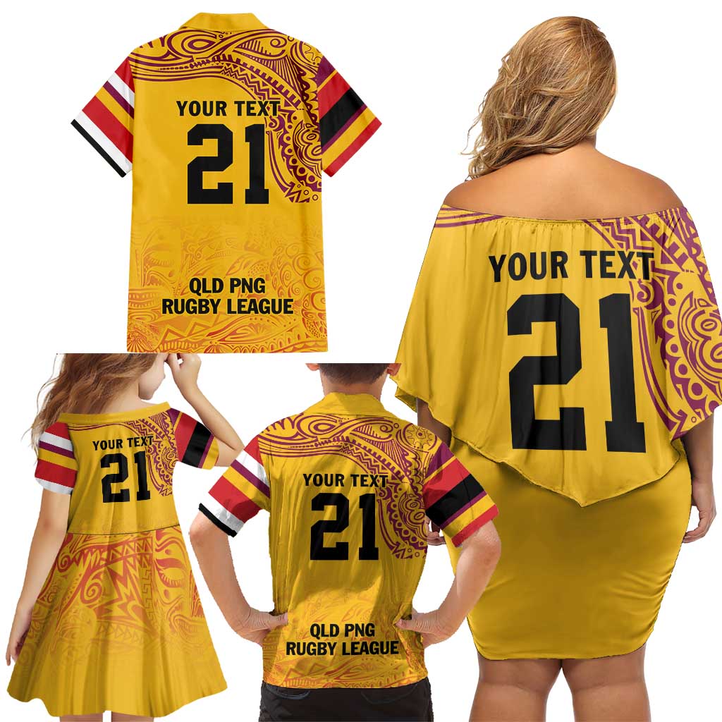 Queensland Papua New Guinea Custom Family Matching Off Shoulder Short Dress and Hawaiian Shirt All Gold Pacific PNG Tribal Style LT9 - Polynesian Pride