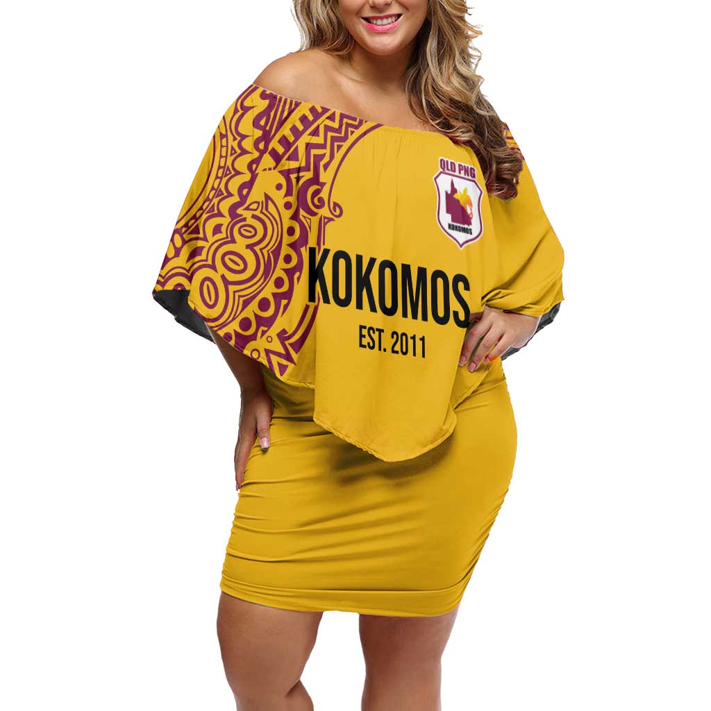 Queensland Papua New Guinea Custom Family Matching Off Shoulder Short Dress and Hawaiian Shirt All Gold Pacific PNG Tribal Style LT9 Mom's Dress Gold - Polynesian Pride