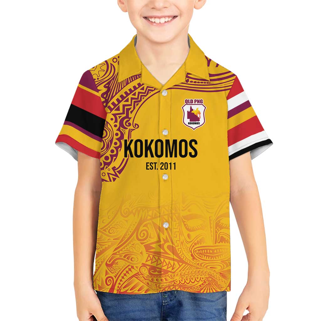 Queensland Papua New Guinea Custom Family Matching Off Shoulder Short Dress and Hawaiian Shirt All Gold Pacific PNG Tribal Style LT9 Son's Shirt Gold - Polynesian Pride
