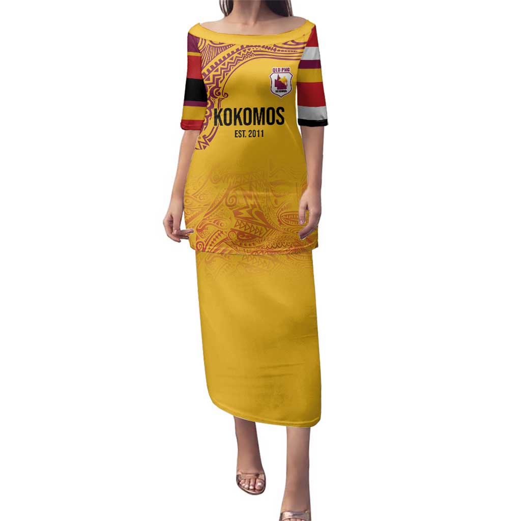 Queensland Papua New Guinea Custom Family Matching Puletasi and Hawaiian Shirt All Gold Pacific PNG Tribal Style