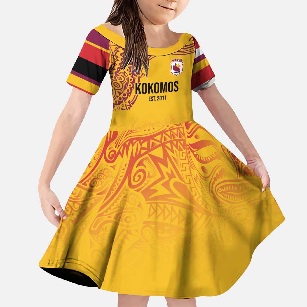 Queensland Papua New Guinea Custom Family Matching Summer Maxi Dress and Hawaiian Shirt All Gold Pacific PNG Tribal Style LT9 Daughter's Dress Gold - Polynesian Pride