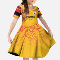 Queensland Papua New Guinea Custom Family Matching Summer Maxi Dress and Hawaiian Shirt All Gold Pacific PNG Tribal Style LT9 Daughter's Dress Gold - Polynesian Pride