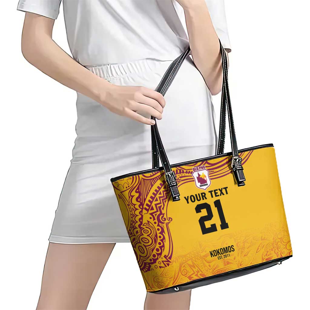Queensland Papua New Guinea Custom Leather Tote Bag All Gold Pacific PNG Tribal Style