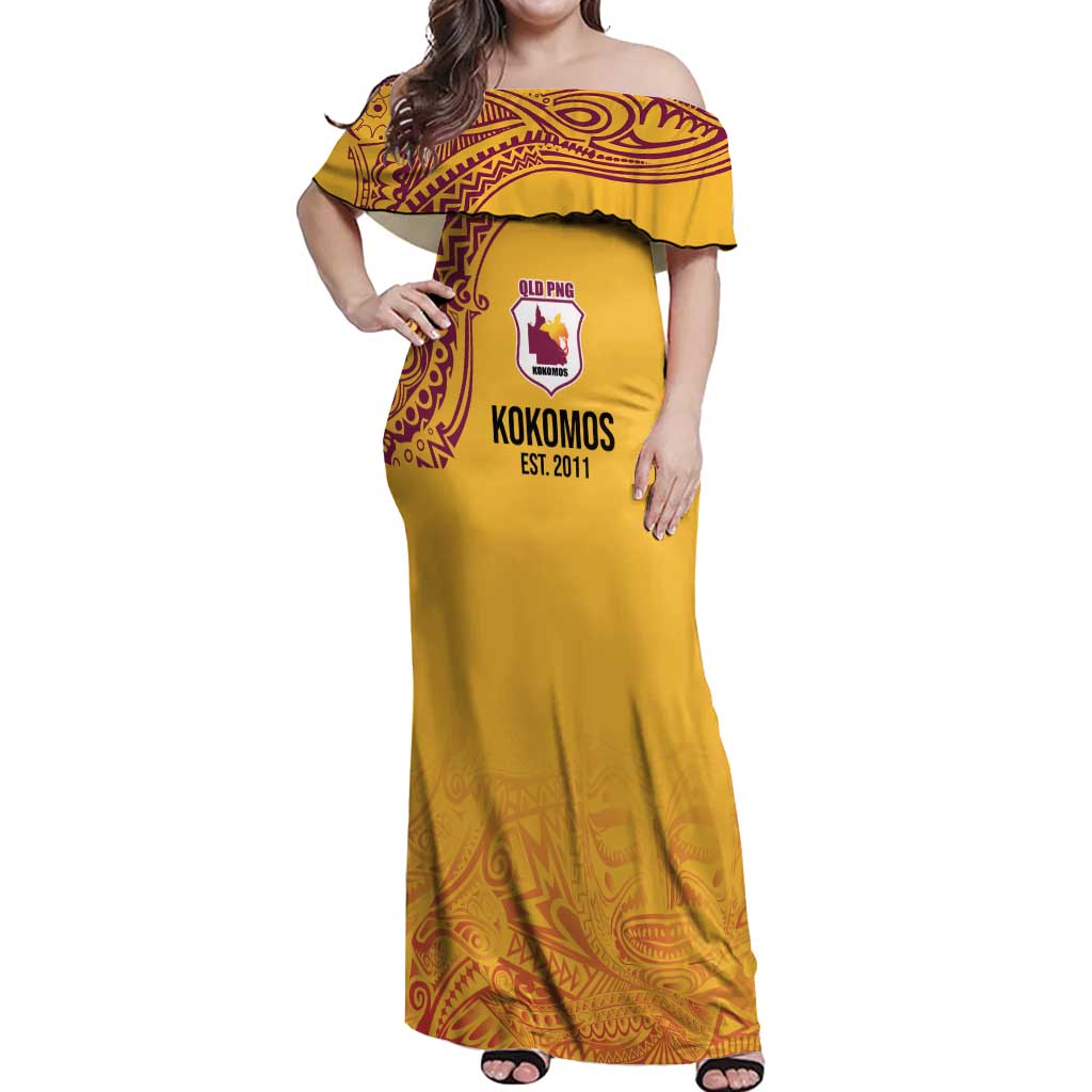 Queensland Papua New Guinea Custom Off Shoulder Maxi Dress All Gold Pacific PNG Tribal Style