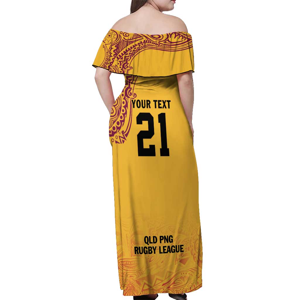 Queensland Papua New Guinea Custom Off Shoulder Maxi Dress All Gold Pacific PNG Tribal Style