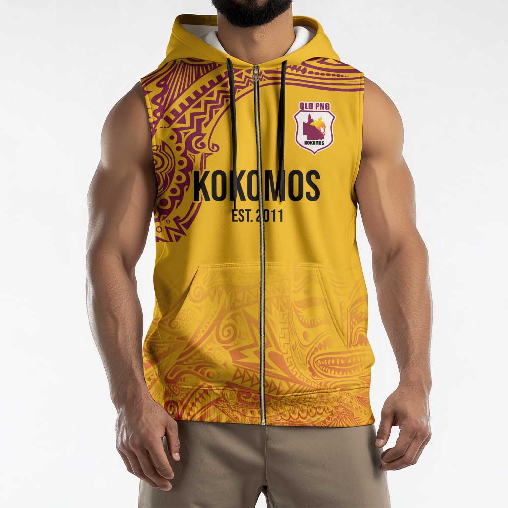 Queensland Papua New Guinea Custom Sleeveless Zip Hoodie All Gold Pacific PNG Tribal Style - Polynesian Pride