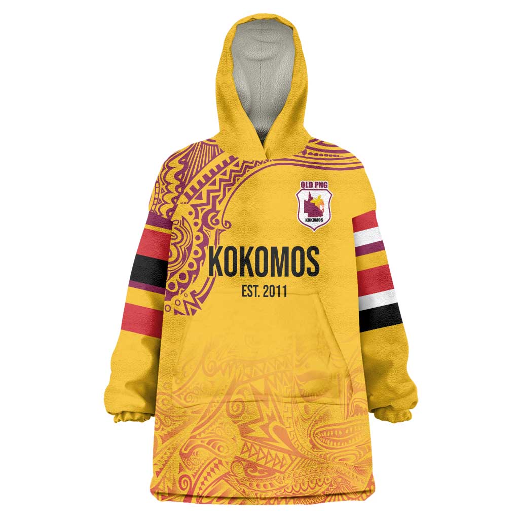 Queensland Papua New Guinea Custom Wearable Blanket Hoodie All Gold Pacific PNG Tribal Style