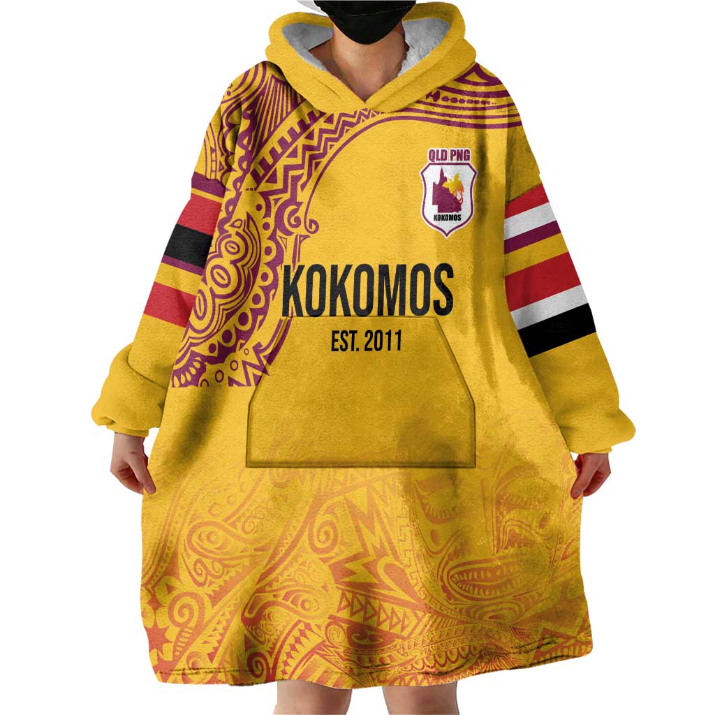 Queensland Papua New Guinea Custom Wearable Blanket Hoodie All Gold Pacific PNG Tribal Style