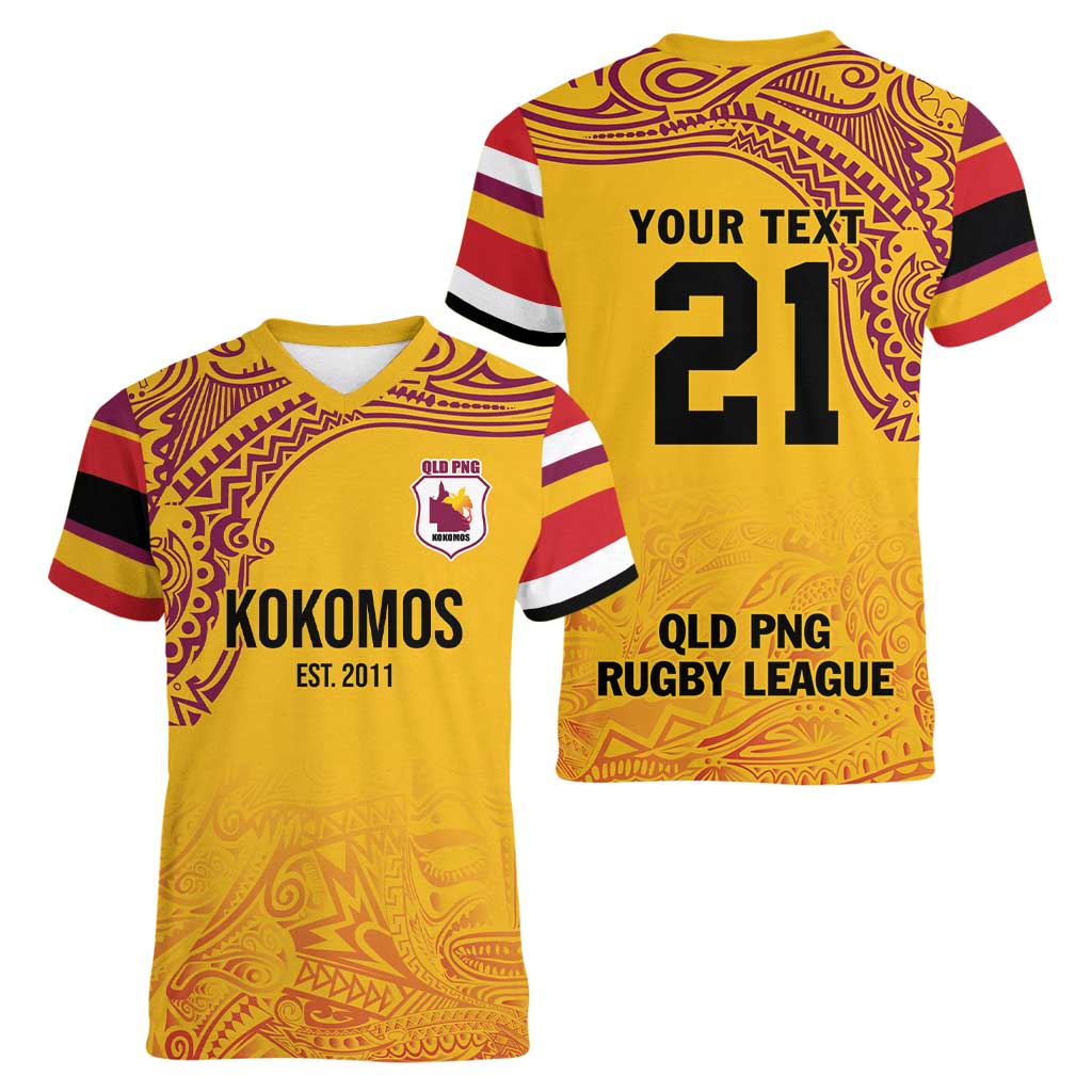 Queensland Papua New Guinea Custom Women V-Neck T-Shirt All Gold Pacific PNG Tribal Style