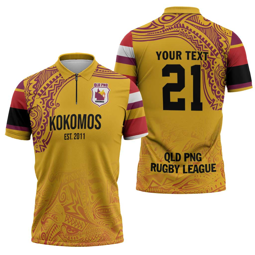 Queensland Papua New Guinea Custom Zipper Polo Shirt All Gold Pacific PNG Tribal Style - Polynesian Pride