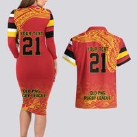 Queensland Papua New Guinea Custom Couples Matching Long Sleeve Bodycon Dress and Hawaiian Shirt All Red Pacific PNG Tribal Style