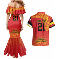 Queensland Papua New Guinea Custom Couples Matching Mermaid Dress and Hawaiian Shirt All Red Pacific PNG Tribal Style