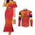 Queensland Papua New Guinea Custom Couples Matching Mermaid Dress and Long Sleeve Button Shirt All Red Pacific PNG Tribal Style